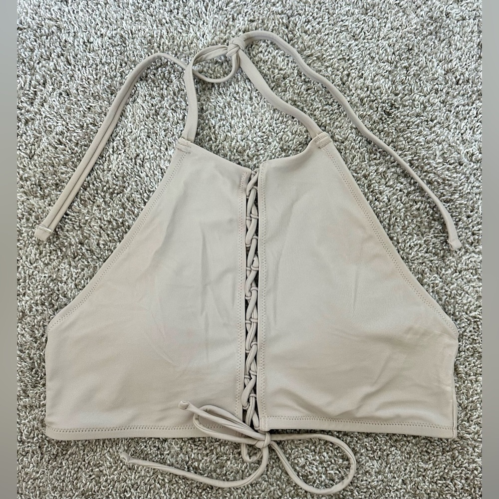 Aerie Nude Lace-Up High Neck Bikini Top Size Large NWOT